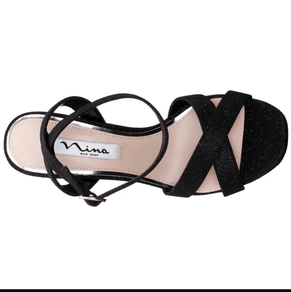 NWT Nina "SHELIA" Black Glitter Chunky Heel Sandal 8.5 Glamorous Whimsy Vamp - Picture 3 of 4